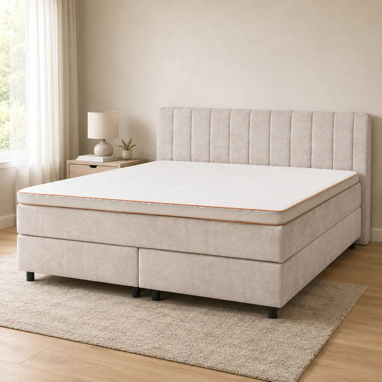 Boxspringbett 200x200 Beige Creme Stoff 5 Teilig