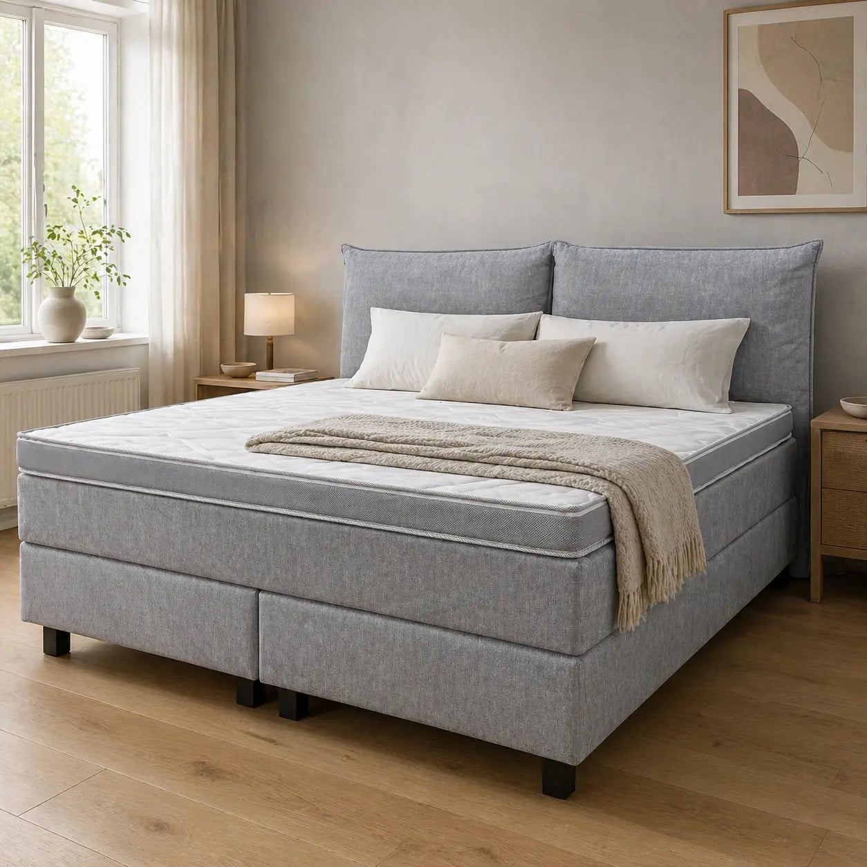 Boxspringbett 180x200 Stoff Grau Blau 5 Teilig