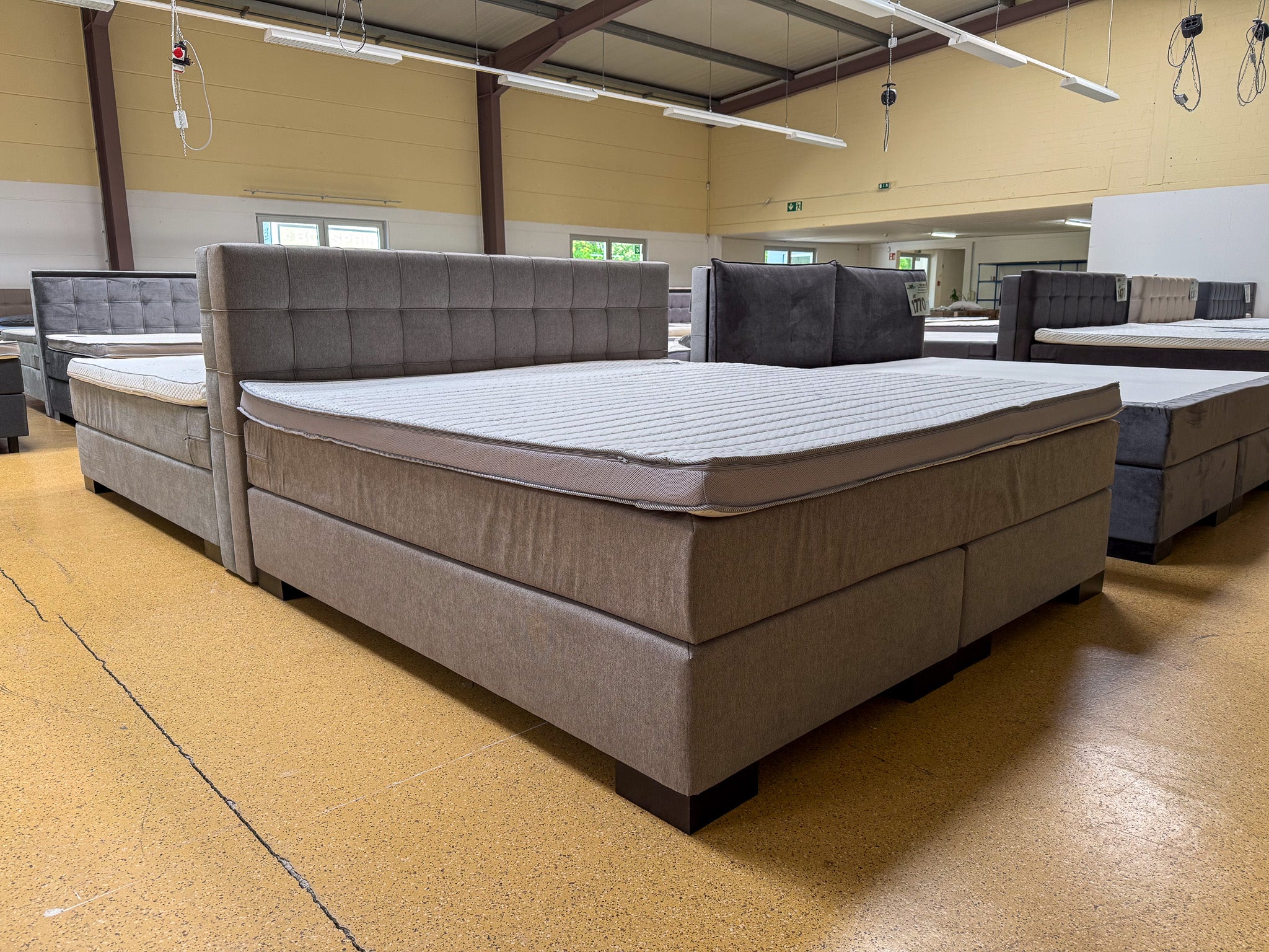 Boxspringbett 200x200 Stoff Beige Grau 5 Teilig