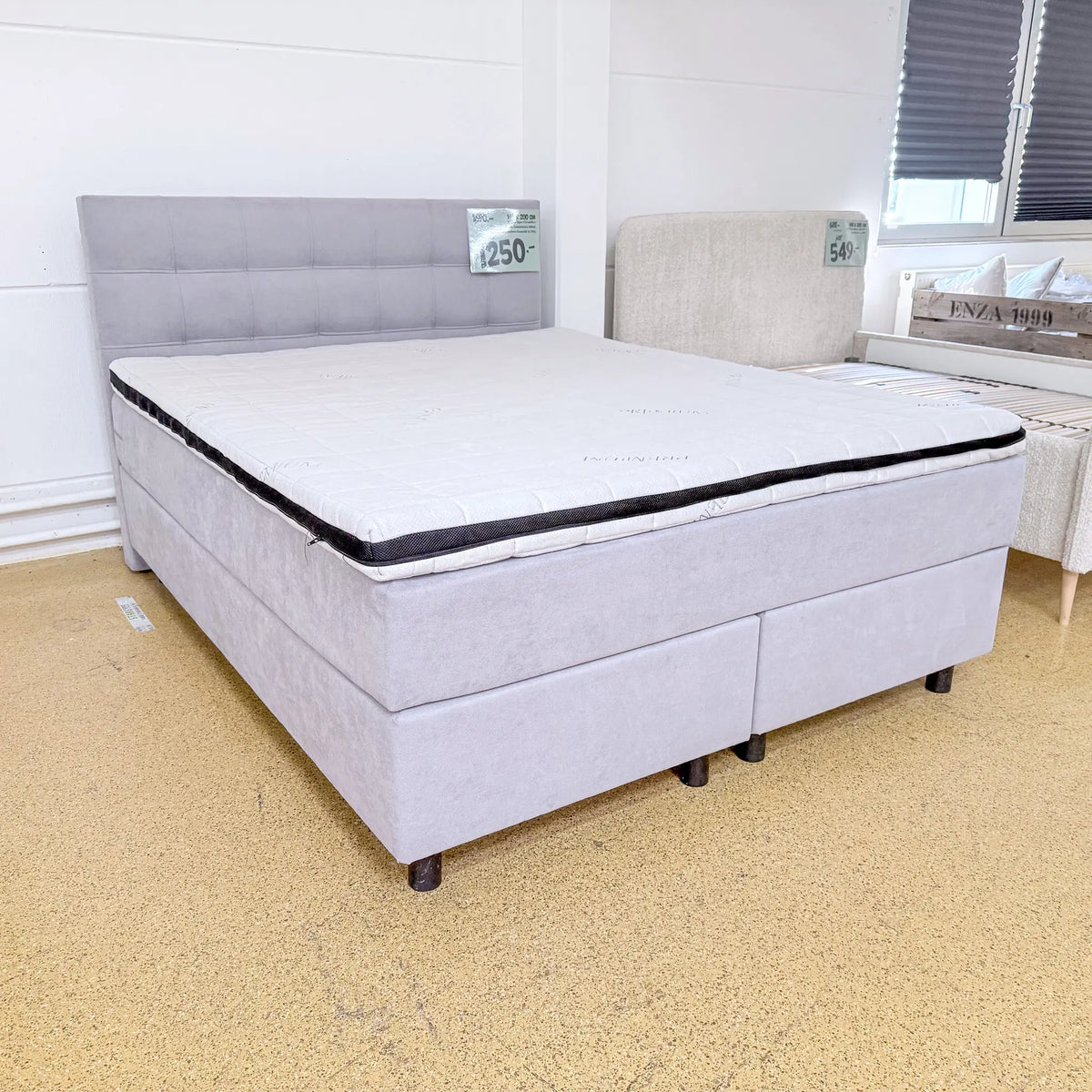 Boxspringbett Levi 160 × 200 cm – Grau, Webstoff, H3 inklusive Topper